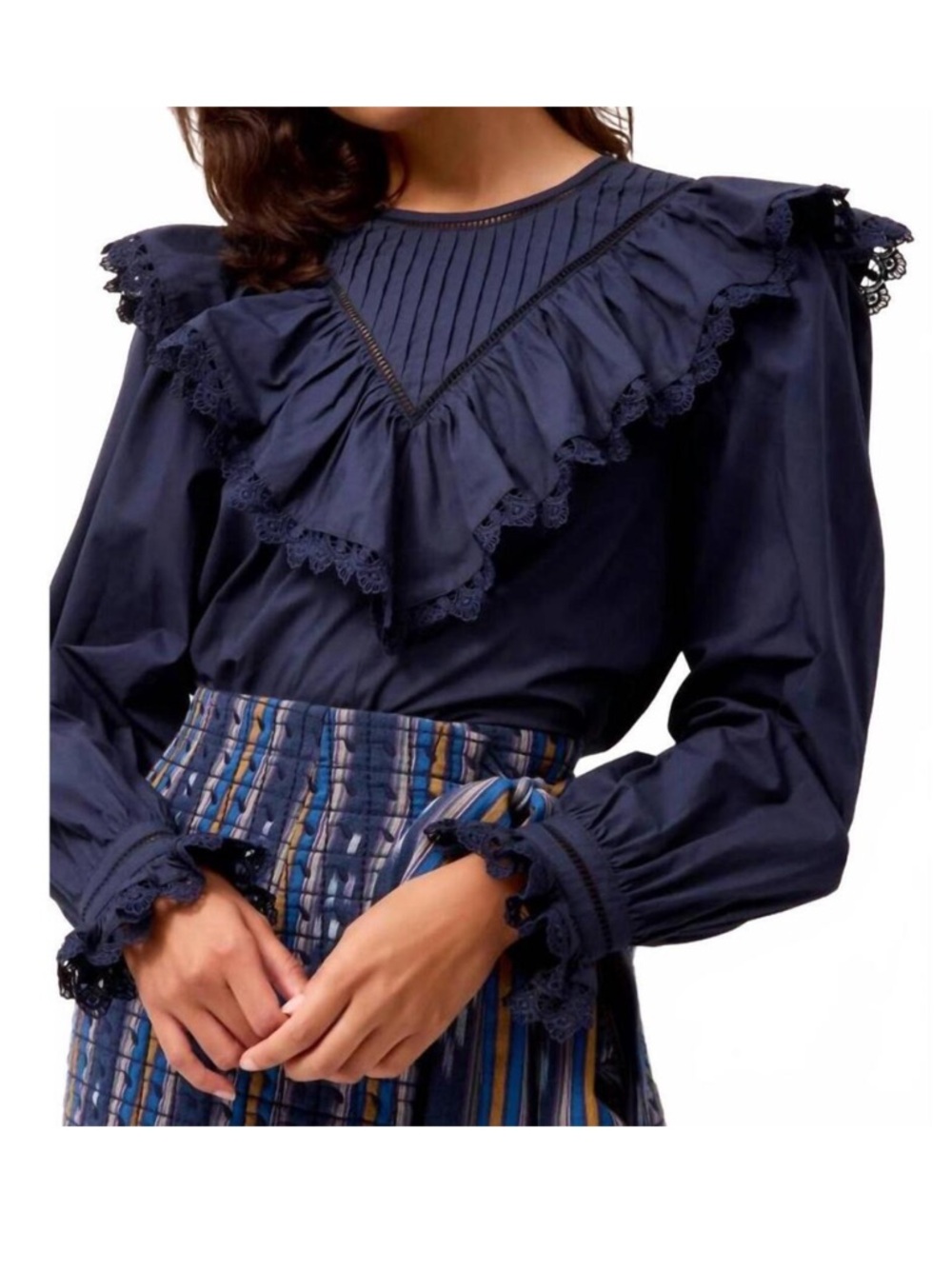 MARIE OLIVER Carissa Top XS Navy Blue Ruffle Cotton Women’s Embroidered